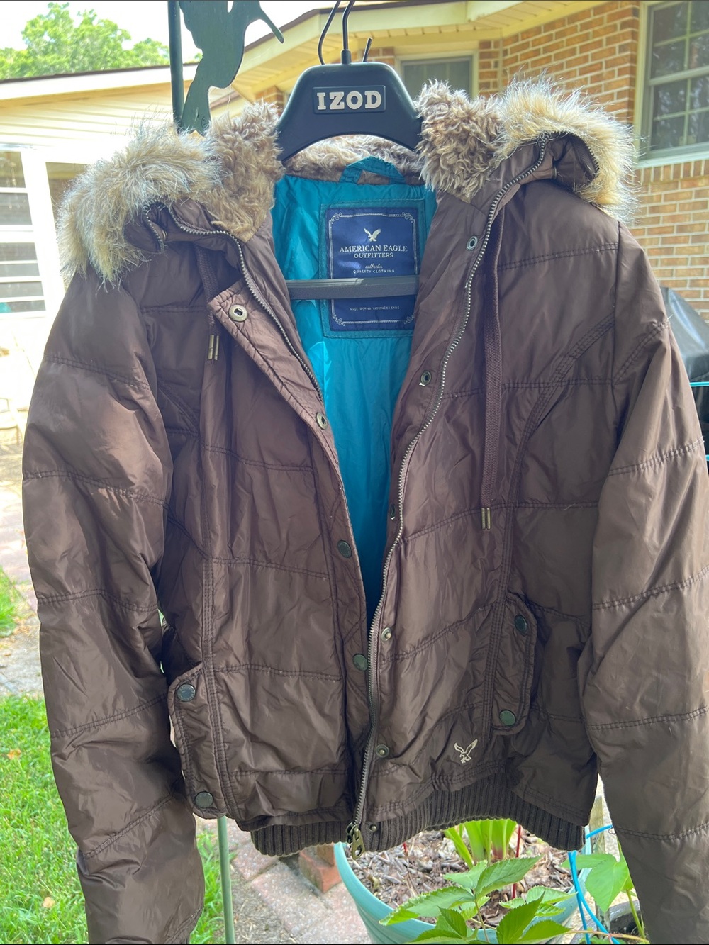 American Eagle Outfitters Brown Quilted Bomber Jacket with Faux-Fur Hood